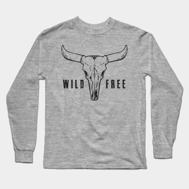 Boho Cow Skull Wild And Free Western Cowgirl Bull Skull Long Sleeve T-Shirt by BadrooGraphics Store